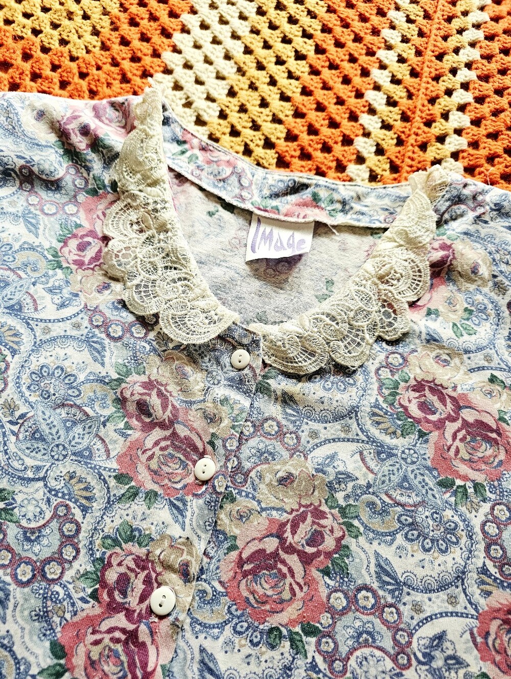Vintage 3XL Floral Peter Pan Lace Collar TShirt Cottagecore Grannycore